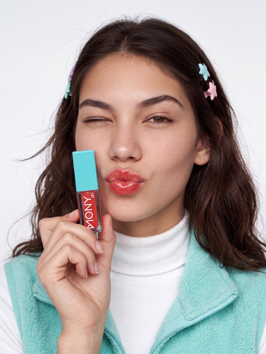Beauty category: model holding a lip gloss and blowing a kiss