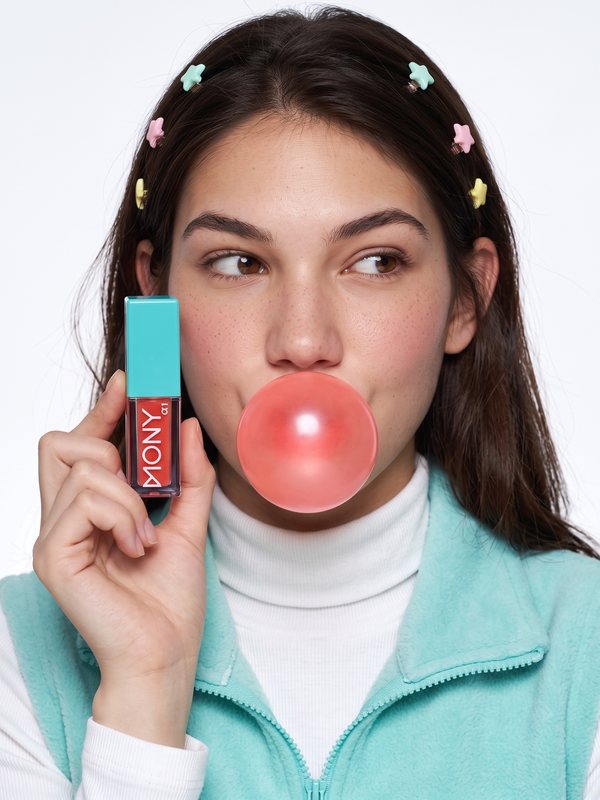 Beauty category: model with a bubble gum and lip gloss