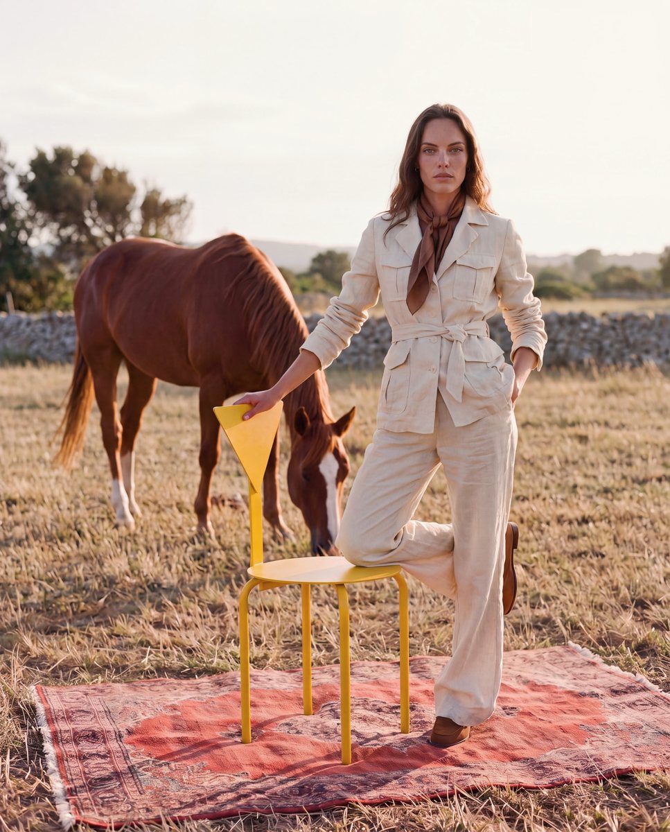 Interior product visual: model with a horse and a yellow chair in a field