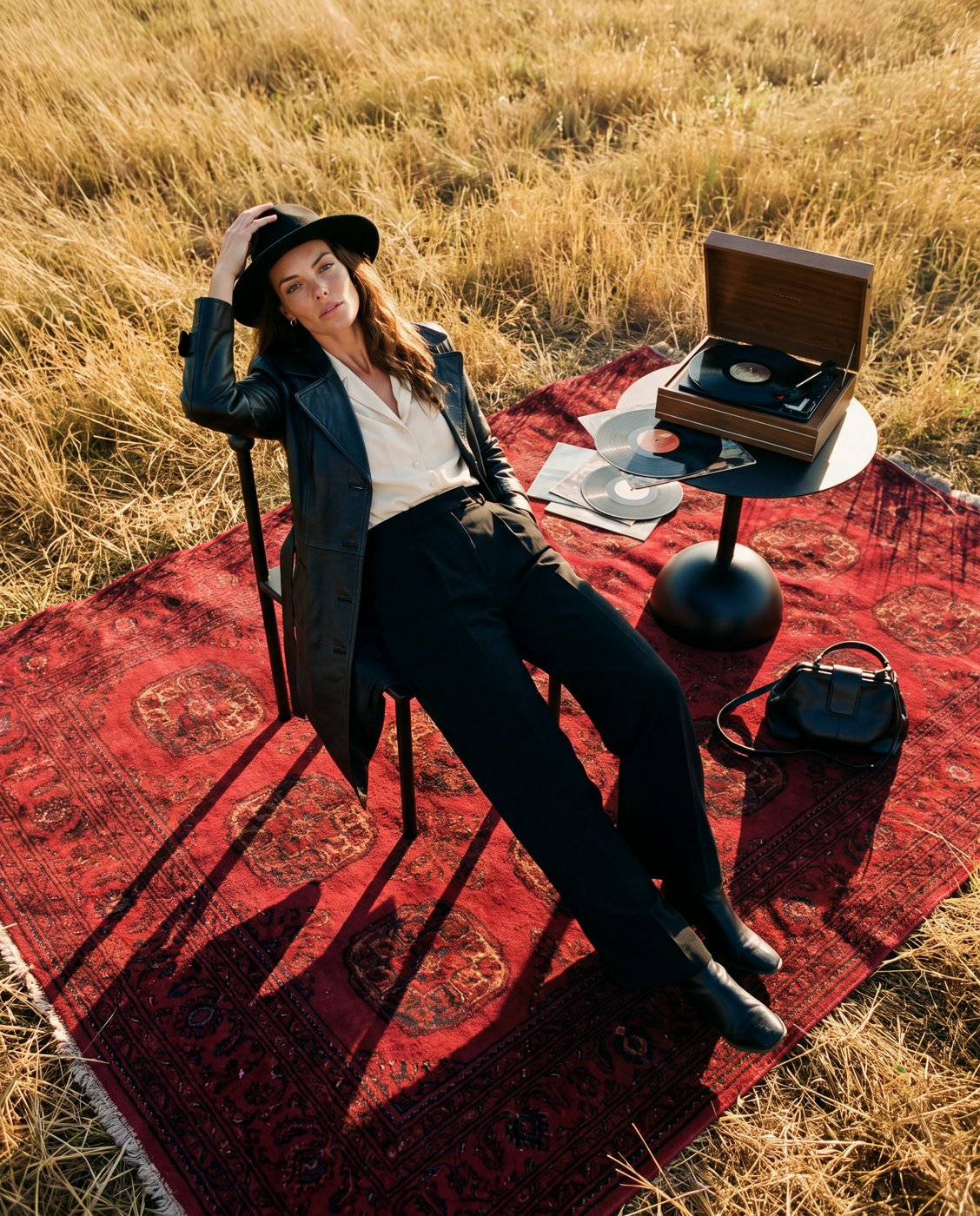 Lifestyle product visual: model seated on a chair on a red carpet in a field